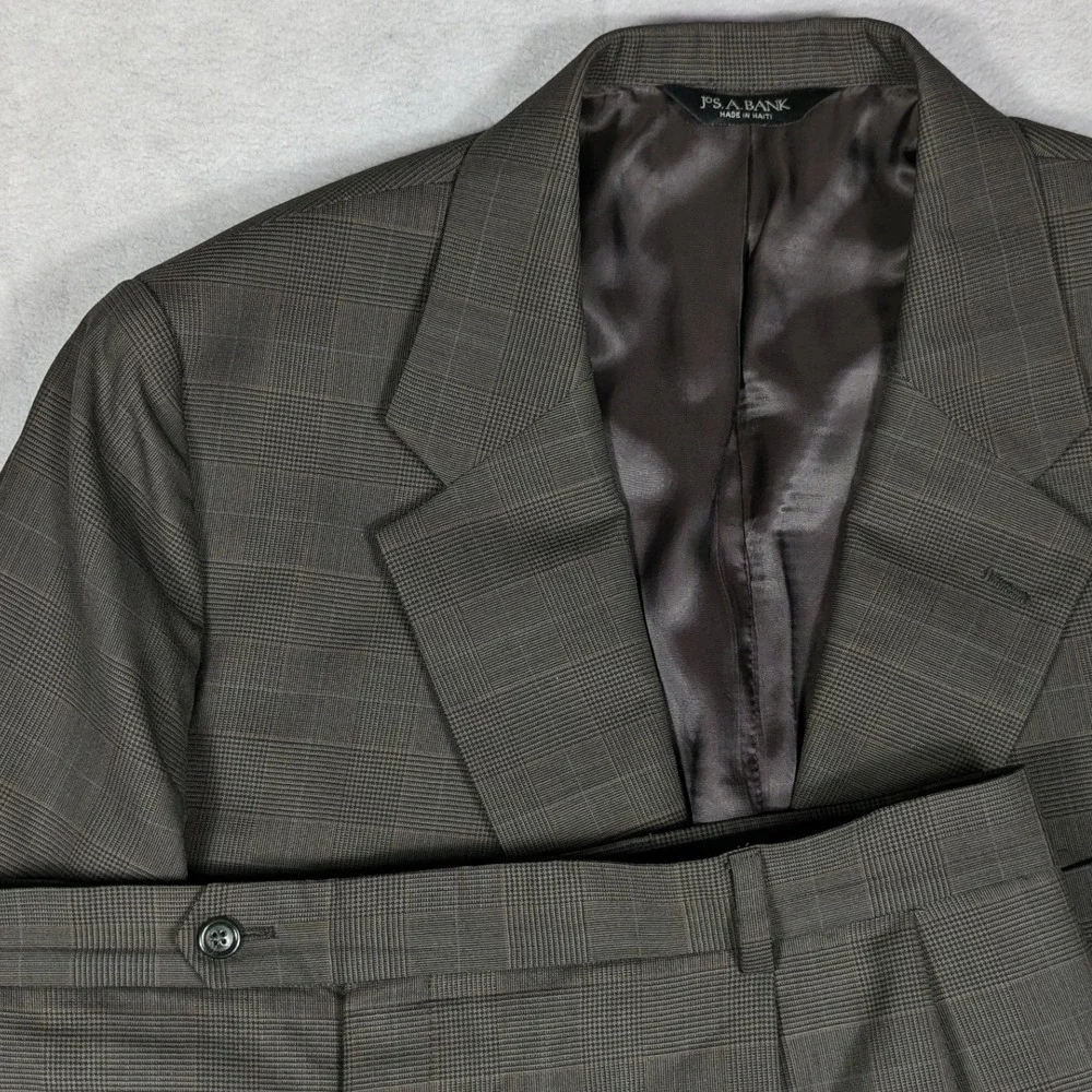 Jos. A. Bank‎ Mens Brown Glen Plaid 100% Wool 2 Piece Suit 48R Blazer 48L Pants
